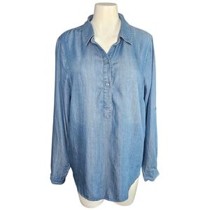 Liverpool Popover Womens Size Med Blue Chambray Roll Tab L/S Blouse Coastal